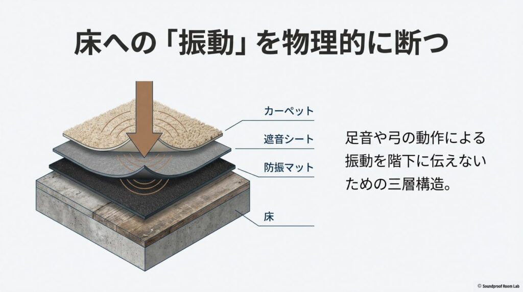 カーペット、遮音シート、防振マットを重ねて足音や弓の振動を階下に伝えないようにする三層構造の図解