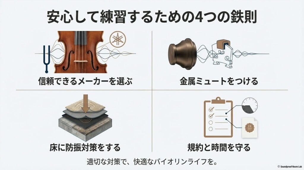 信頼できるメーカー選び、金属ミュートの使用、床の防振対策、規約遵守の4項目をまとめた快適なバイオリンライフのための鉄則