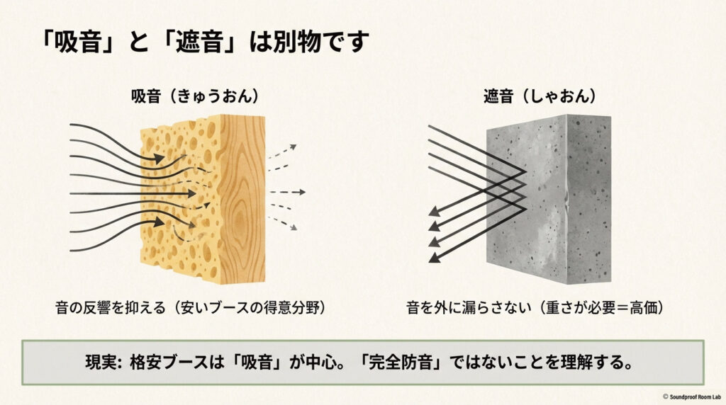 デスク設置型、パーティション型、個室ボックス型の3種類の形状と、それぞれの遮音性能の違いを示すイラスト図解。