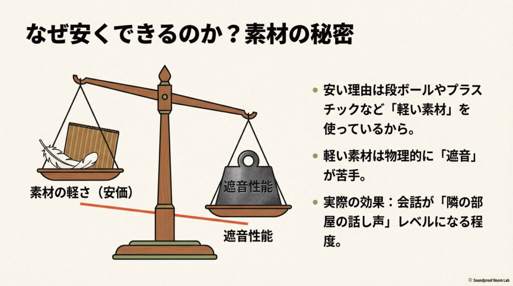 段ボールやプラスチックなどの軽い素材は安価だが遮音性能に限界があることを示す天秤のイラスト