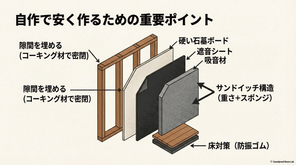 コーキング材での隙間埋め、遮音シートと吸音材のサンドイッチ構造、床の防振対策を示すDIYのポイント図