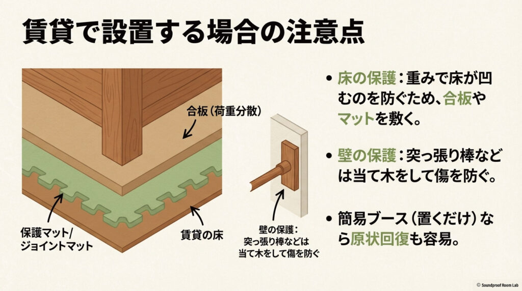 賃貸の床の凹みを防ぐ合板・マットの敷き方と、壁を保護する当て木の使い方の解説図