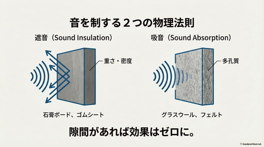 重さと密度による遮音と、多孔質素材による吸音のメカニズム解説図