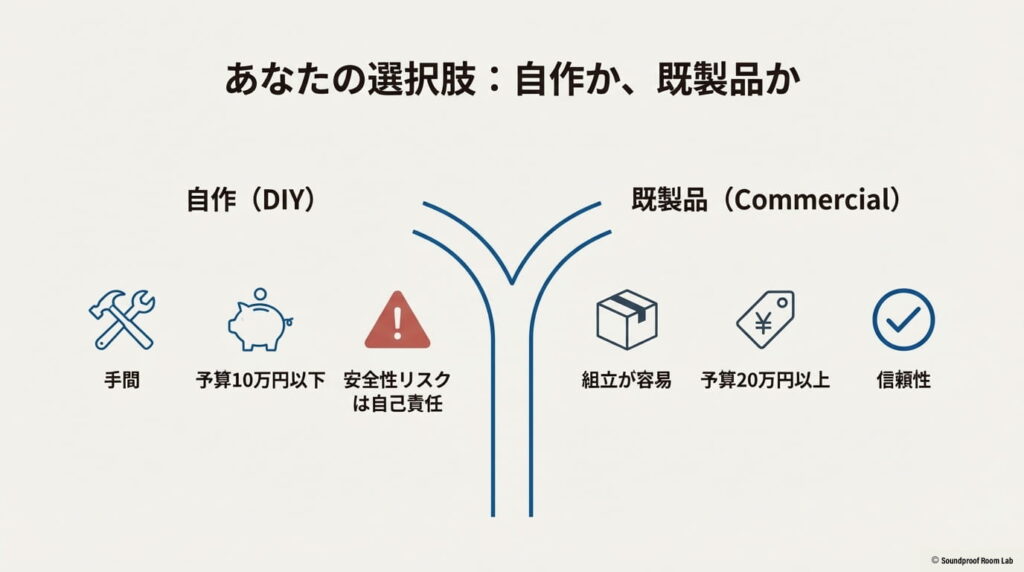 自作（低予算・高リスク）と既製品（高予算・高信頼）のメリット・デメリット比較図
