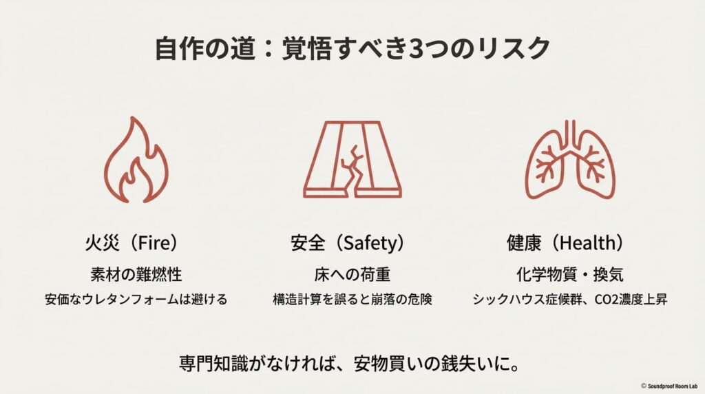 自作における火災（難燃性）、安全（床荷重）、健康（換気・シックハウス）のリスク解説