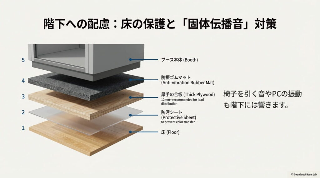 ブース、防振ゴムマット、合板、防汚シートを重ねる床保護の5層構造図