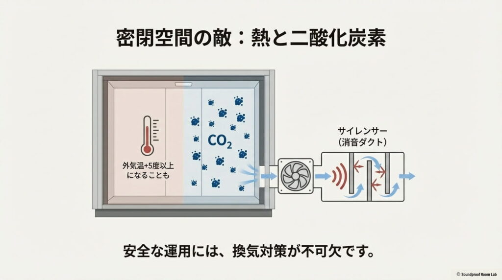 防音ブース内の温度上昇・二酸化炭素濃度上昇と、消音ダクト（サイレンサー）の仕組み