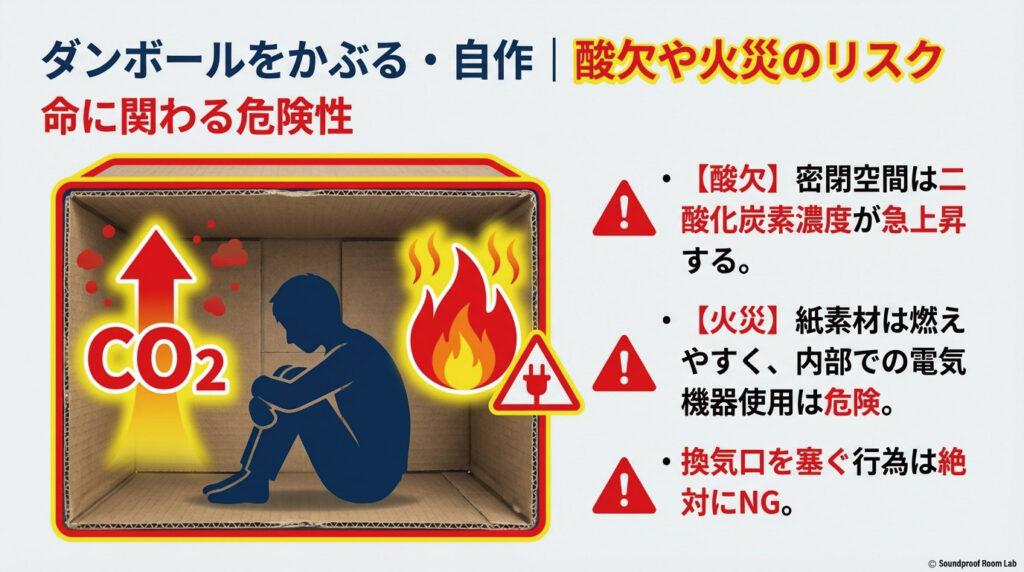 ダンボールをかぶる・自作 | 酸欠や火災のリスク:図解