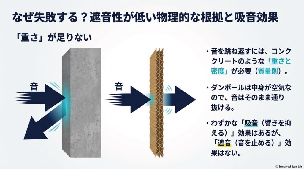 なぜ失敗する?遮音性が低い物理的な根拠と吸音効果:図解