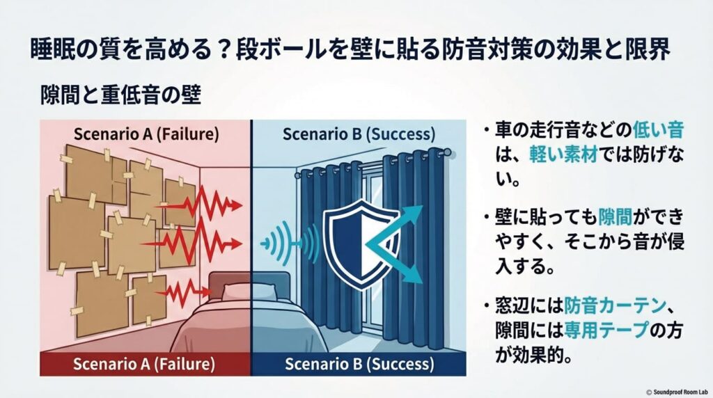 睡眠の質を高める?段ボールを壁に貼る防音対策の効果と限界:図解