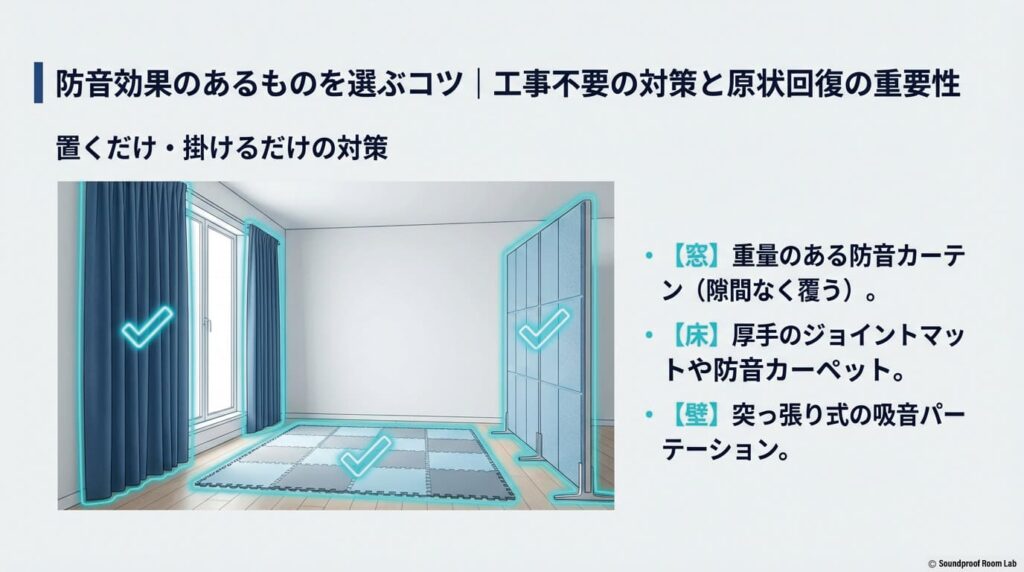 防音効果のあるものを選ぶコツ | 工事不要の対策と原状回復の重要性:図解
