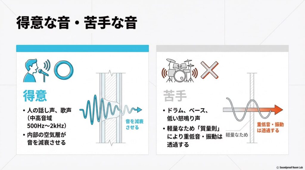 中高音域は得意だが、質量則により重低音や振動は透過しやすいことを示す図解