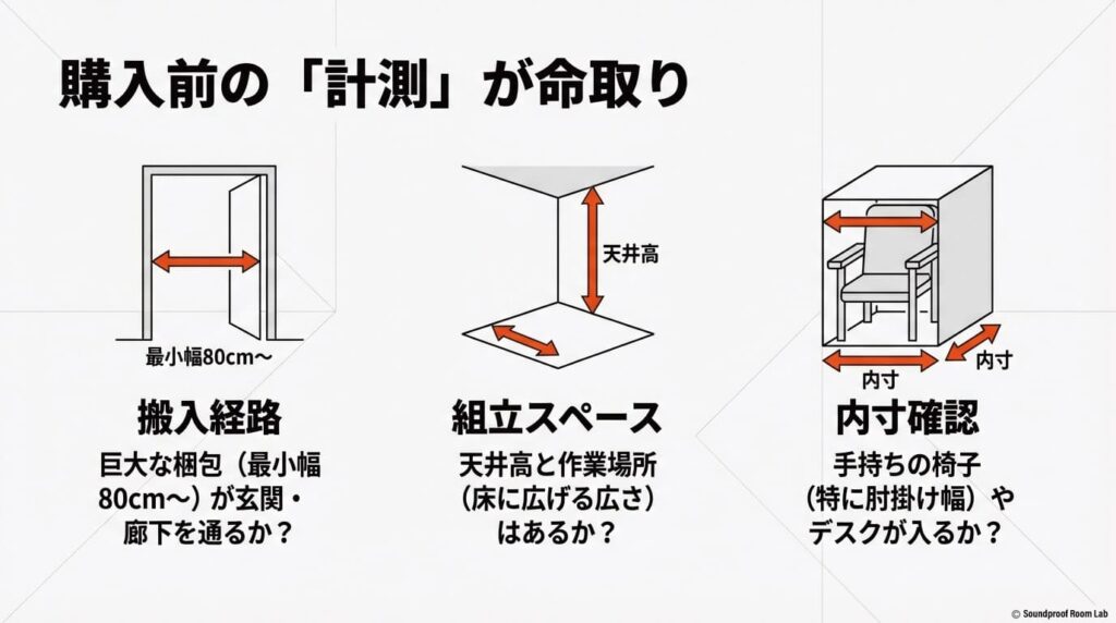 搬入経路の最小幅80cm、組立スペースの天井高、手持ち機材が入る内寸の確認図