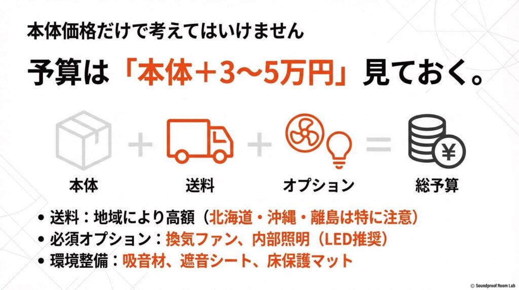 本体価格に送料と必須オプションを加え、プラス3万から5万円の予算が必要であることを示すスライド
