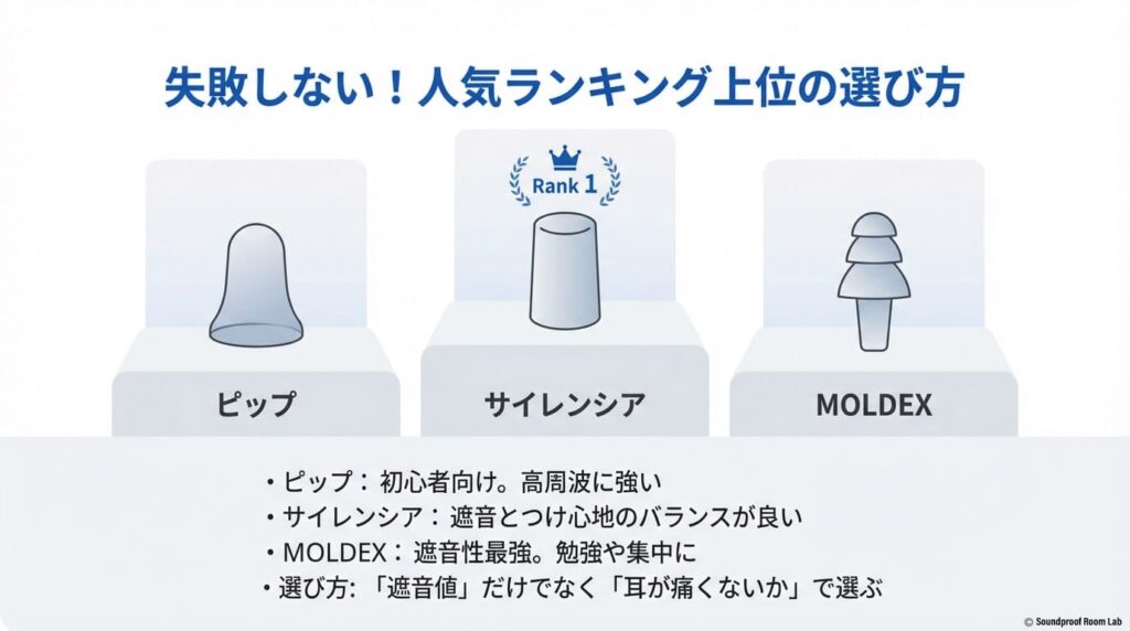 睡眠用耳栓ランキング上位の製品を比較:図解