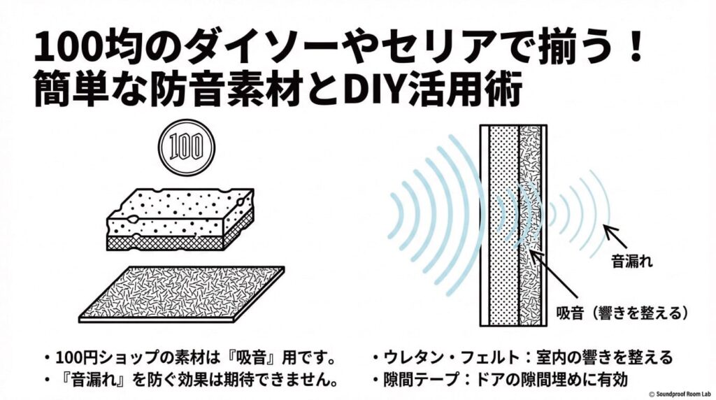 100均のダイソーやセリアで揃う！簡単な防音素材とDIY活用術：要約図解