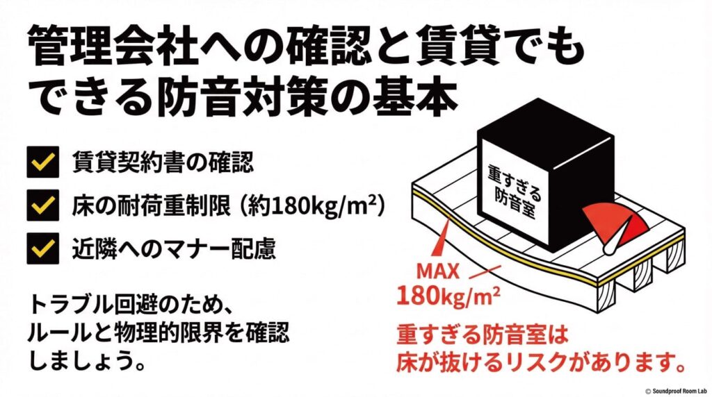 管理会社への確認と賃貸でもできる防音対策の基本：要約図解