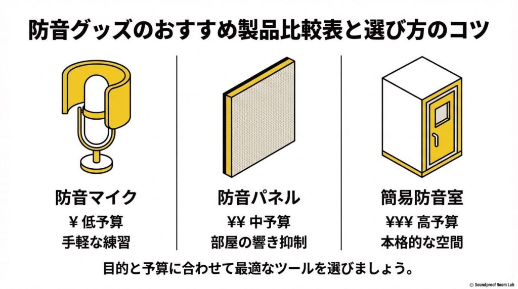防音グッズのおすすめ製品比較表と選び方のコツ：要約図解