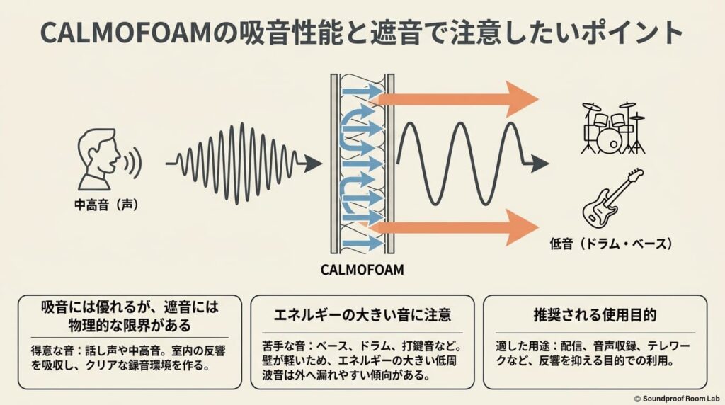 CALMOFOAMの吸音性能と遮音で注意したいポイント:要約図解