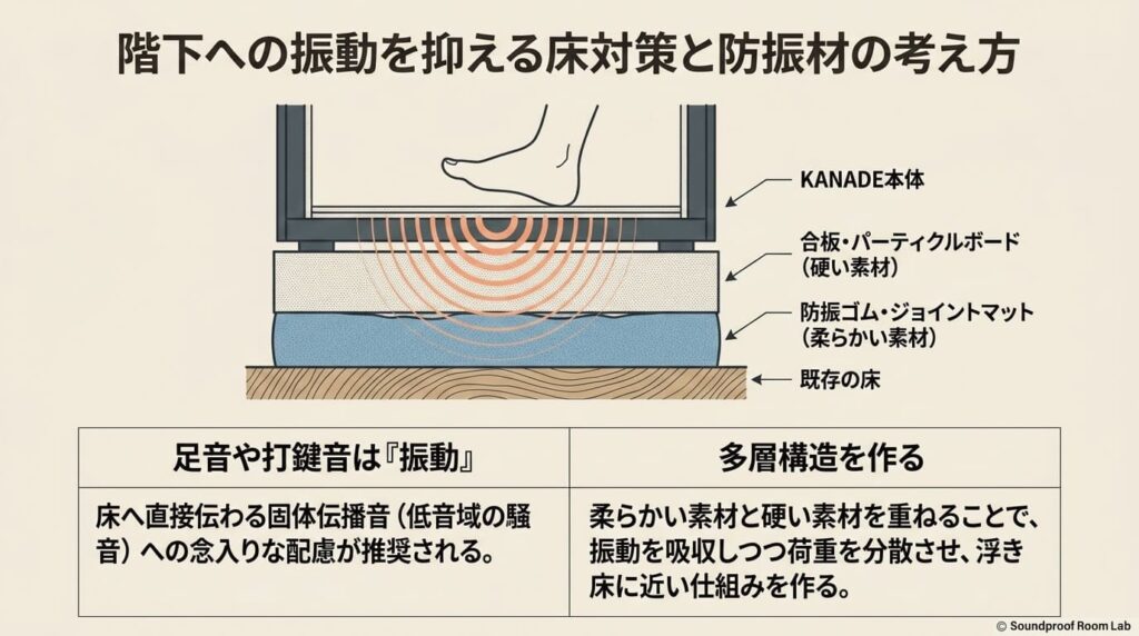 階下への振動を抑える床対策と防振材の考え方:要約図解