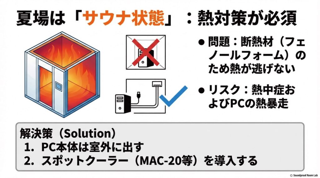 断熱材による熱のこもり(サウナ状態)のリスクと、PC本体を外に出す、スポットクーラーを導入するといった解決策のイラスト