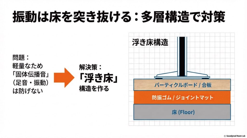 床、防振ゴム、合板を重ねて多層構造の浮き床を作り、階下への足音や振動を防ぐ仕組みの断面図