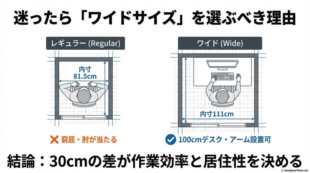 内寸81.5cmのレギュラーサイズ(窮屈)と内寸111cmのワイドサイズ(100cmデスク設置可)の居住性の違いを示す比較イラスト