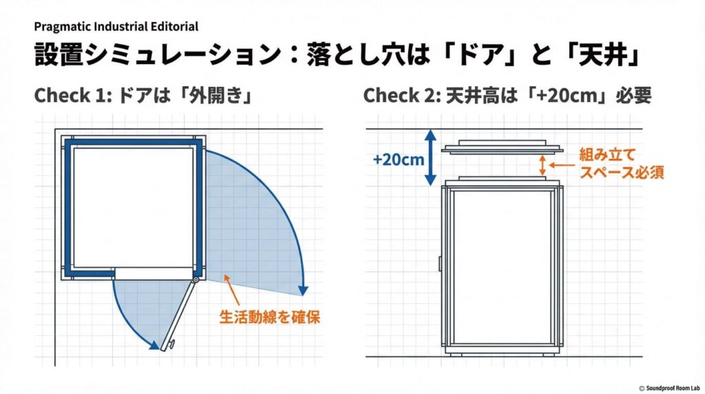 ドアが外開きであることによる生活動線の確認と、組み立てに天井高プラス20cmが必要であることを示す図