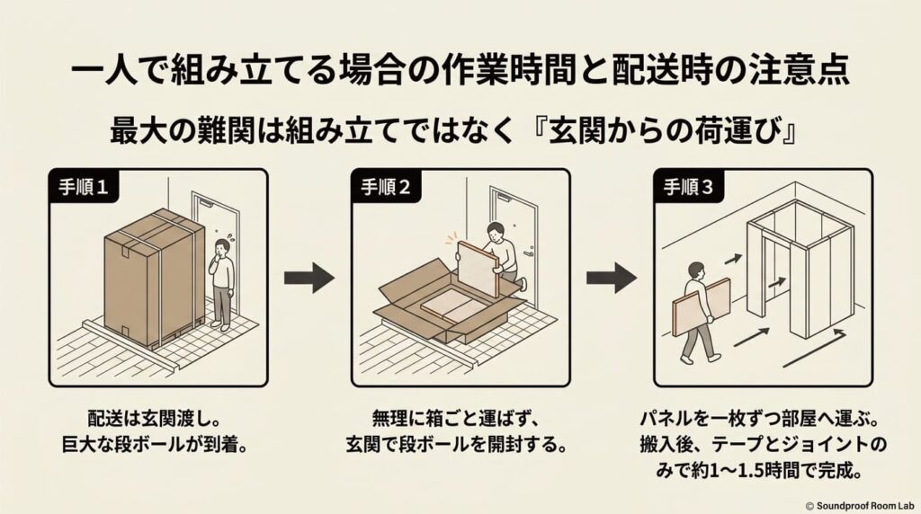 一人で組み立てる場合の作業時間と配送時の注意点:要約図解