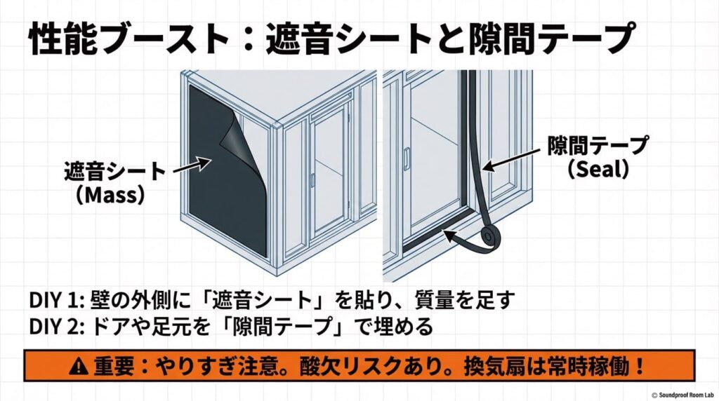 壁の外側に遮音シートを貼り、ドアや足元の隙間をテープで埋めるカスタマイズ方法と、換気扇稼働の重要性についての図解