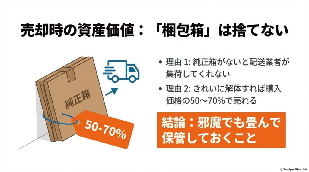 純正箱がないと配送が困難になる理由と、箱を保管しきれいに解体することで購入価格の50〜70%で売却可能になることを示すイラスト