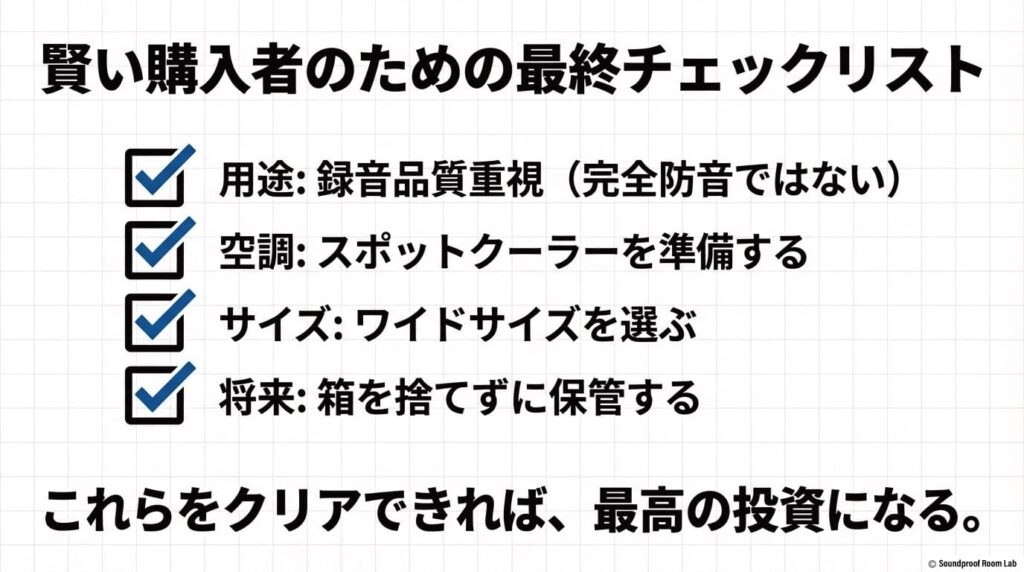 用途、空調、サイズ、将来の保管という、KANADE購入で後悔しないための4つの重要チェックポイントをまとめた図