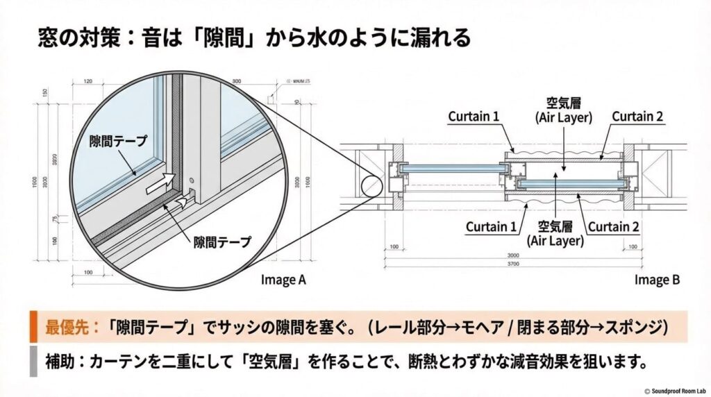 「100均で防音の窓対策を行いダイソー防音カーテンを使う」の図解