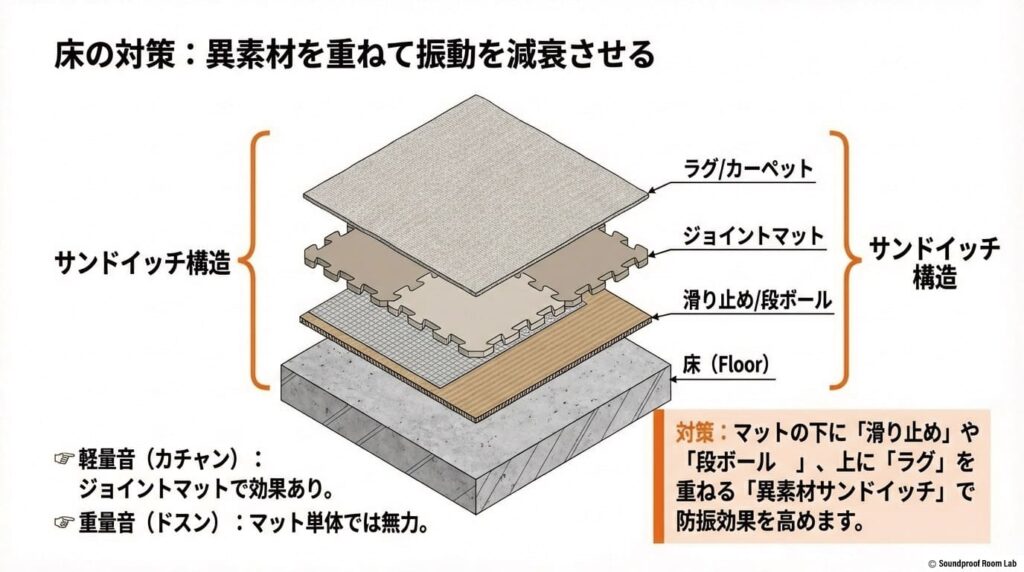 防音マットをダイソーやセリアで選び防振対策をするー図解
