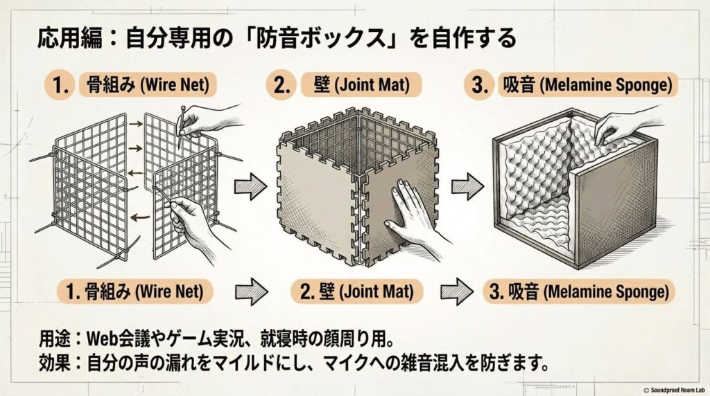 「防音ボックスを自作し100均の材料や手順を確認する」図解