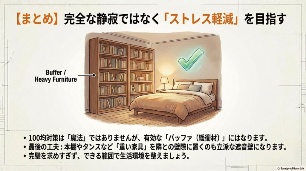 隣の部屋がうるさい環境を防音の100均対策で整える-図解