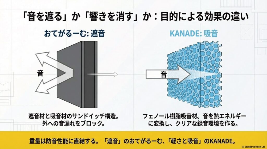 遮音性能と吸音性の違いによる効果の差の図解