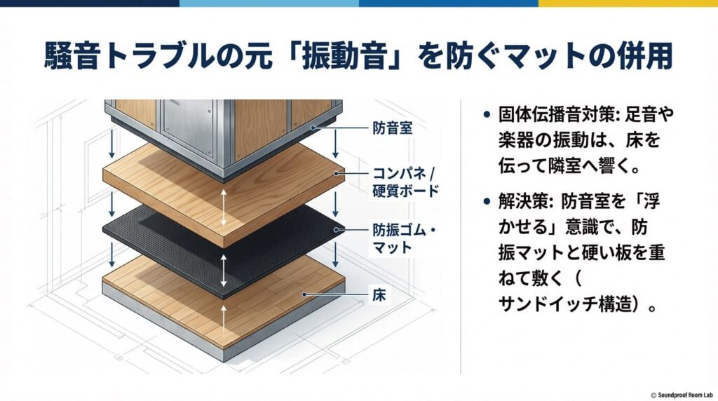 振動や騒音トラブルを防ぐ防振マットの併用の図解
