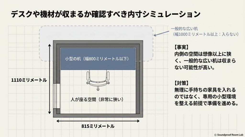 デスクや機材が収まるか確認すべき内寸シミュレーション：要約図解