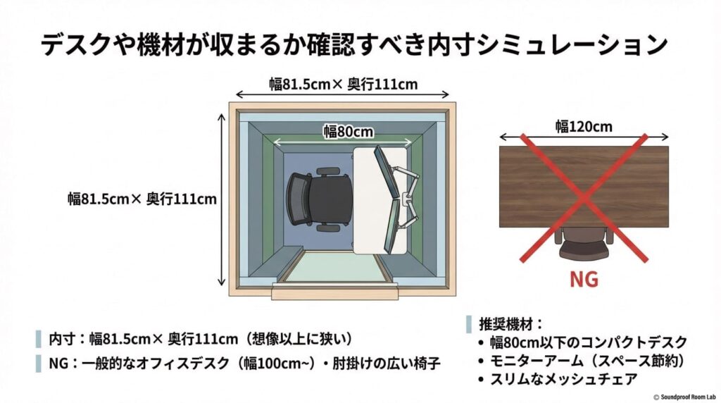 デスクや機材が収まるか確認すべき内寸シミュレーション