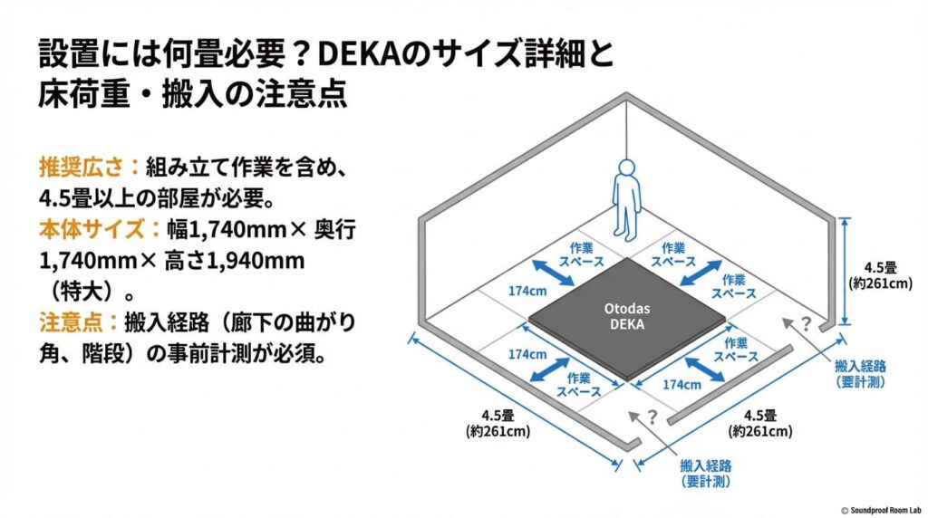 設置には何畳必要?DEKAのサイズ詳細と床荷重・搬入の注意点の図解
