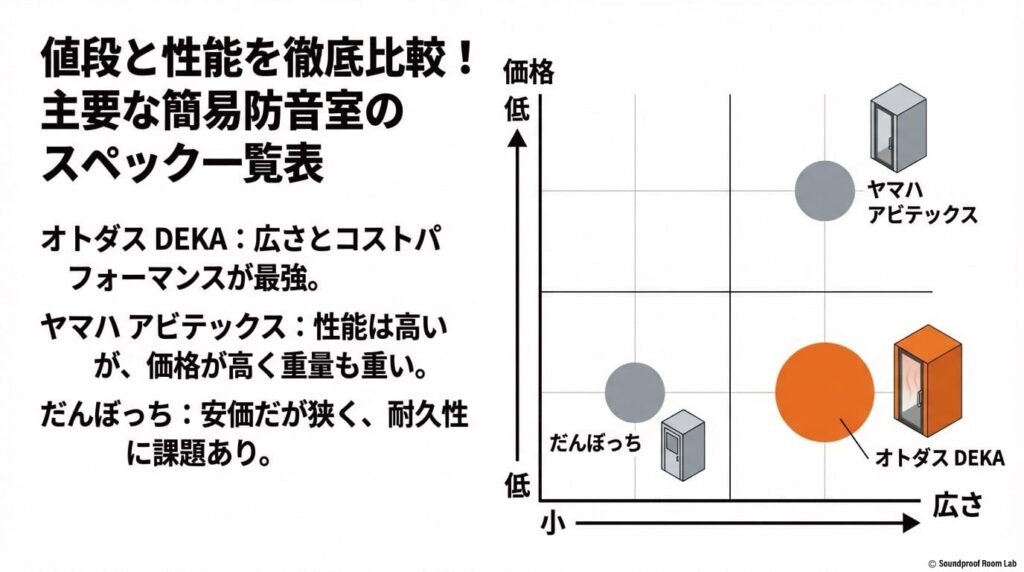 値段と性能を徹底比較!主要な簡易防音室のスペック一覧表の図解