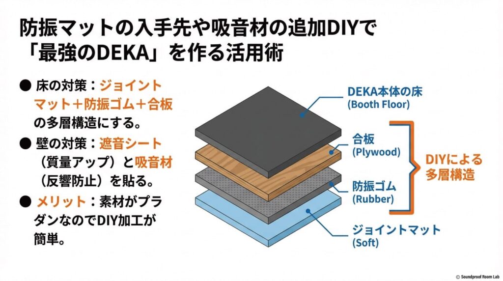 防振マットの入手先や吸音材の追加DIYで「最強のDEKA」を作る活用術の図解