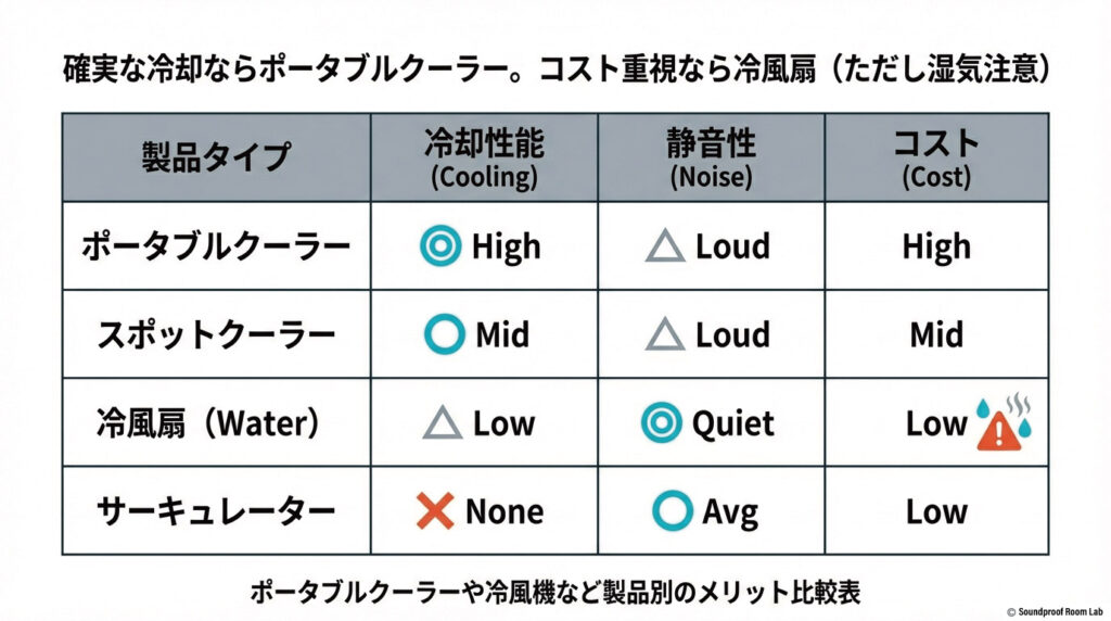 ポータブルクーラーや冷風機など製品別のメリット比較表【図解要約】
