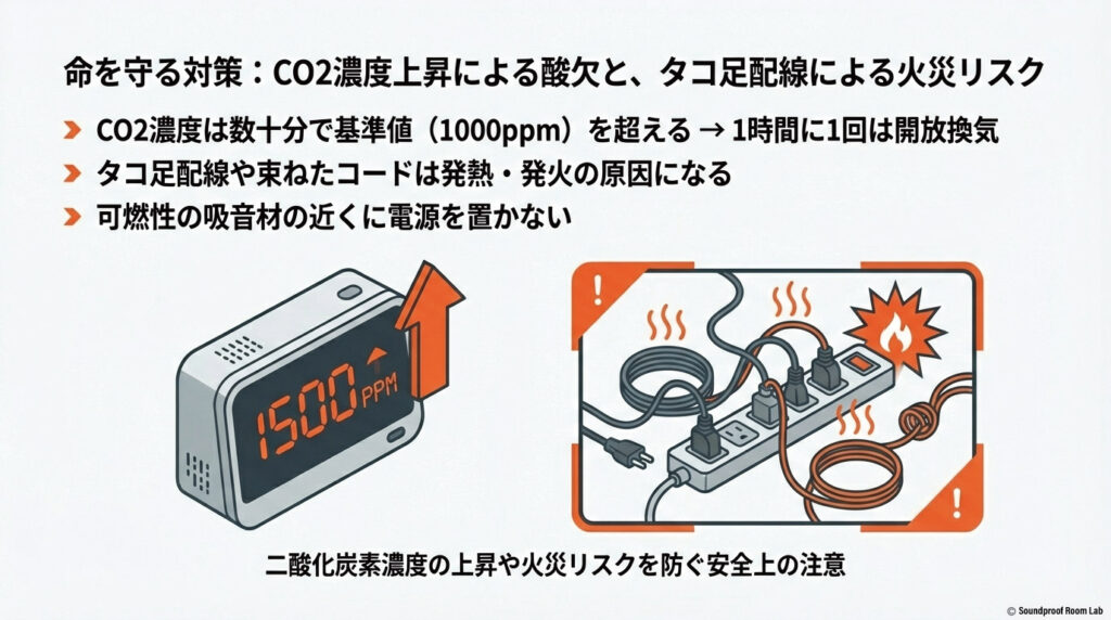 二酸化炭素濃度の上昇や火災リスクを防ぐ安全上の注意【図解要約】