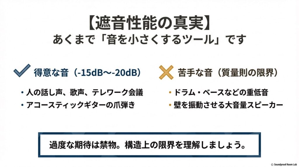 オトダスが遮音を得意とする中高音と、苦手とする重低音の比較図解