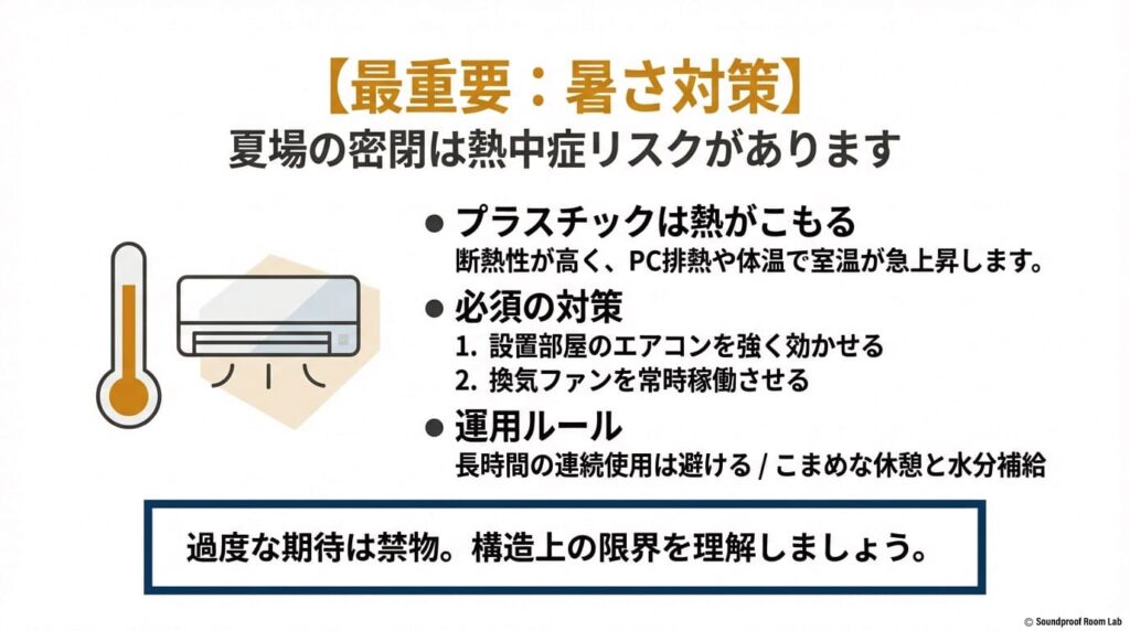 夏場のオトダス内部での室温上昇を防ぐエアコンと換気ファンの併用図解