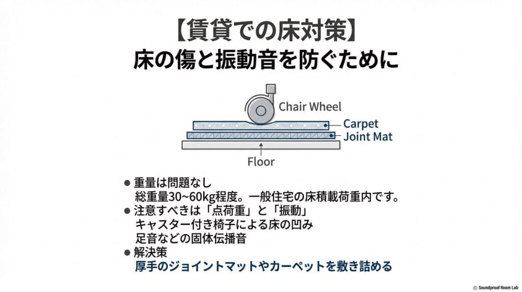 ジョイントマットやカーペットを使用したオトダス設置時の床保護と防振対策イメージ