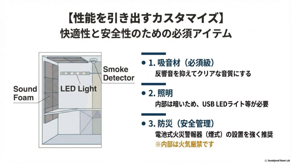 吸音材、LED照明、火災警報器の設置などオトダス内部の環境改善方法