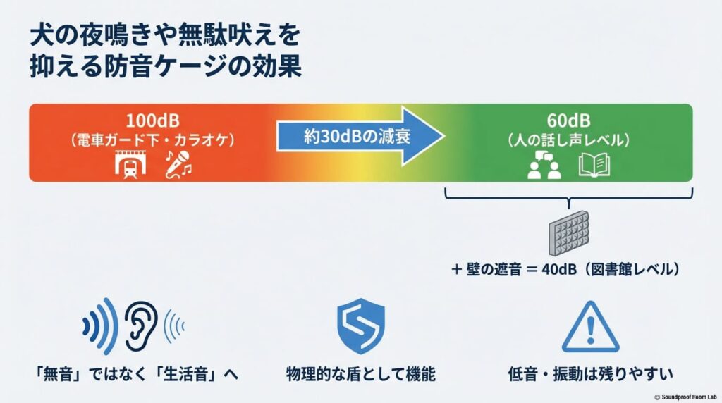 犬の夜鳴きや無駄吠えを抑える防音ケージの効果の図解
